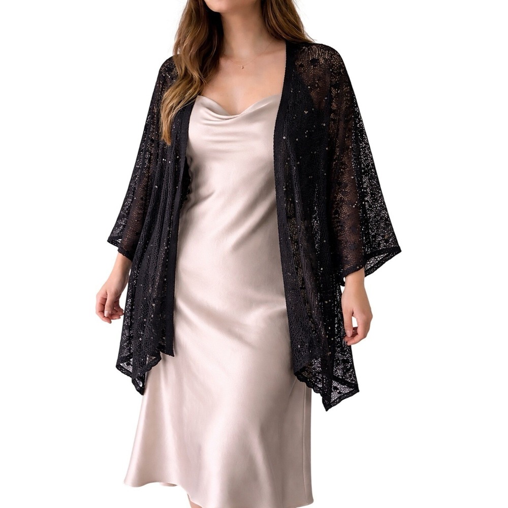 Vintage Black Sequin Mesh Open Front Kimono Cardigan Duster XL Witchy Sheer Boho